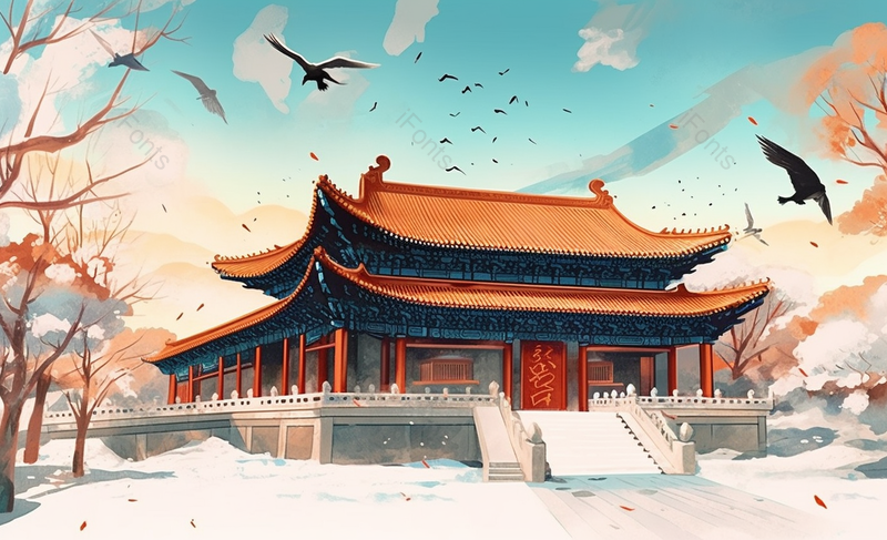 秋季乌鸦鸟群塔阁楼楼阁故宫殿堂天坛中国风国潮插画,插画/手绘图,插画/手绘图库,插画/手绘图下载,插画/手绘